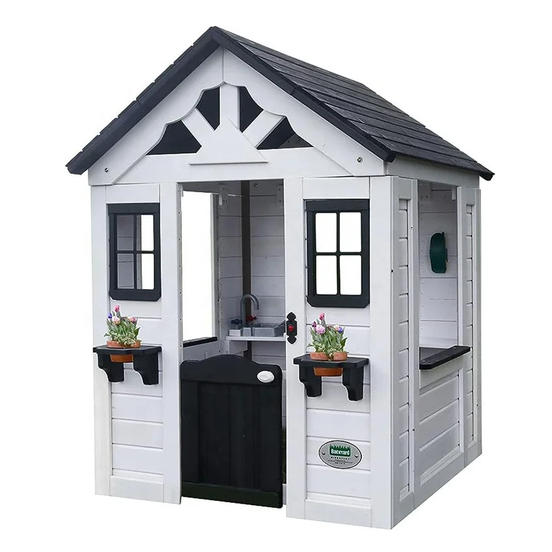 Modern Outdoor Playhouse Cottage Wooden Kids Game House With Play Kitchen And Flower Holders