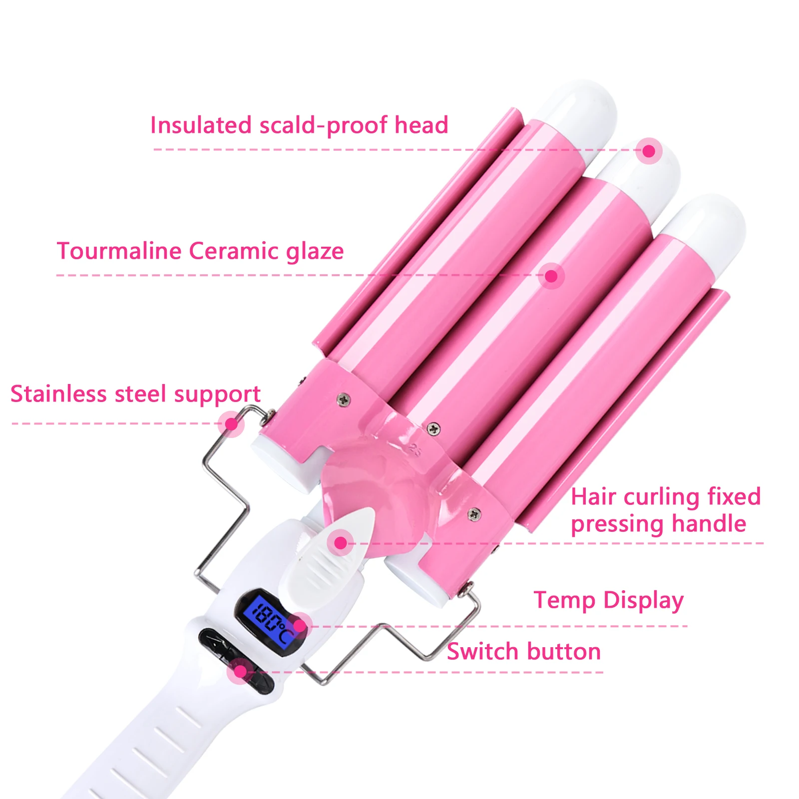 32mm Jumbo Hair Waver Iron, 3 Barrel Curling Iron Wand with LCD Temp Display, 1.25 Inch Ceramic Tourmaline Triple Barrels