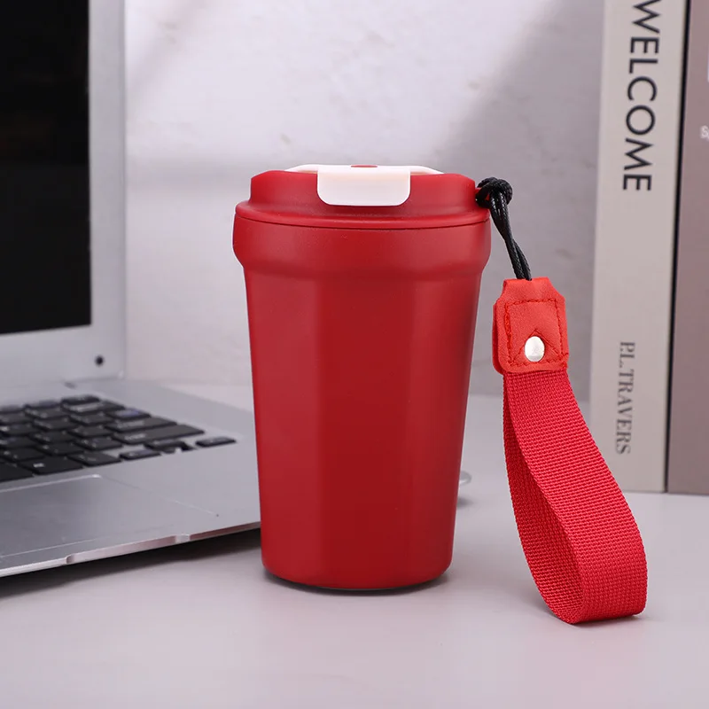 New Wholesale 390ml Portable Coffee Mugs sublimation blank Car Travel Insulated Cups With Leakproof Lid and Lanyard Vaso Termico