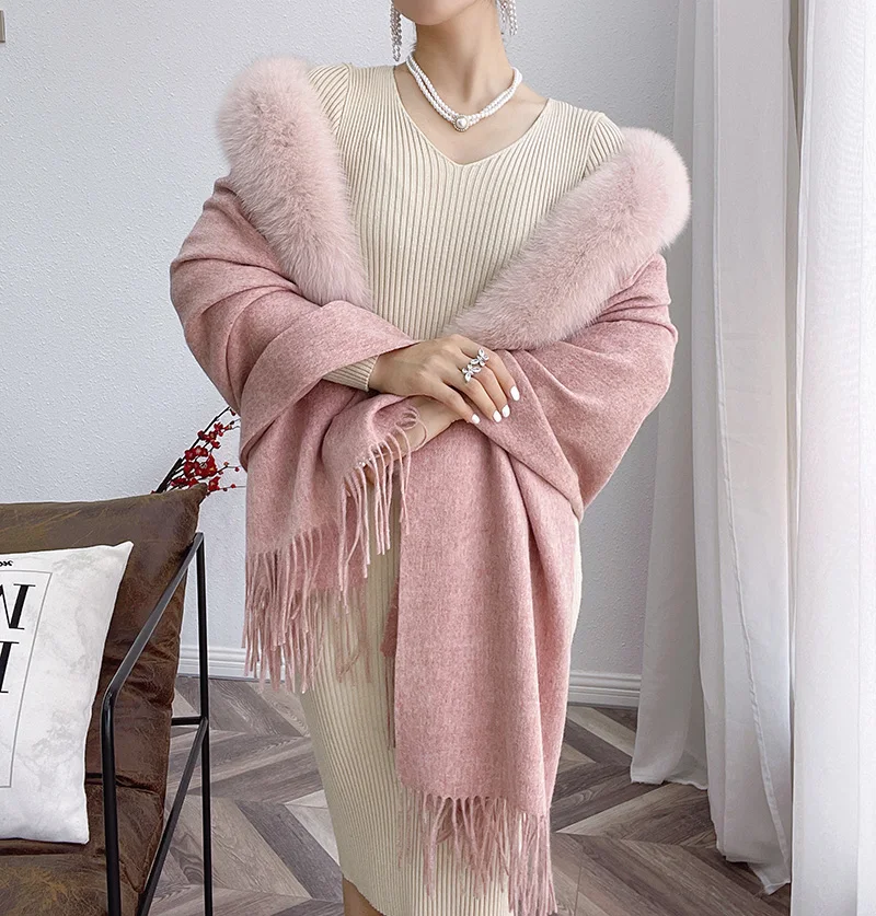 Женский зимний воротник из лисьего меха, шали, накидка, кашемировая шаль с кисточкой