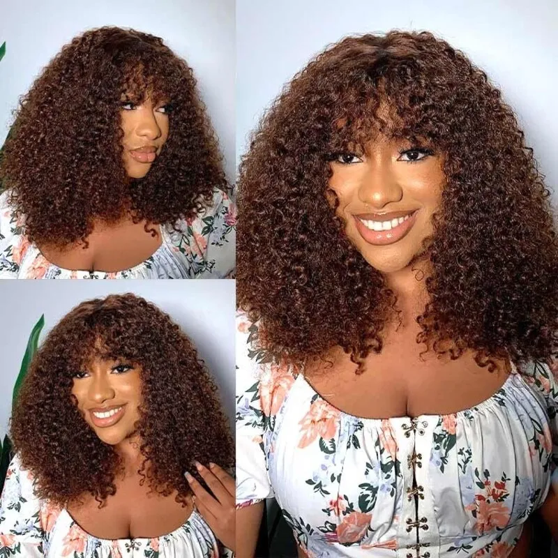 Glueless Brazilian Short Bob Wig With Bangs, Bang Luxury Curly Wig, Cheap Curly Human Hair Bang Wig Non Lace Human Hair Wigs
