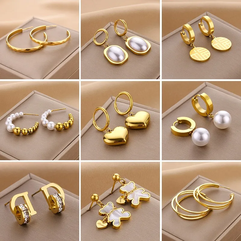 wholesale Titanium steel non fading  18k gold plated earrings set cheap  teddy bear earrings butterfly clip earring