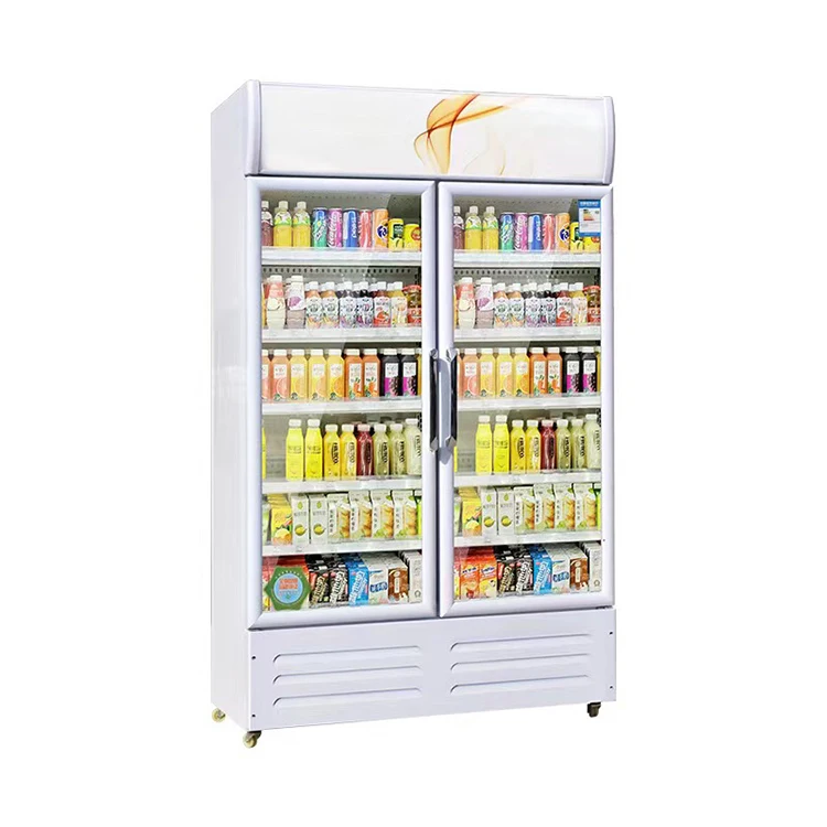 Manufacturer supply double door upright chiller freezer with glass doors coca display cola refrigerator