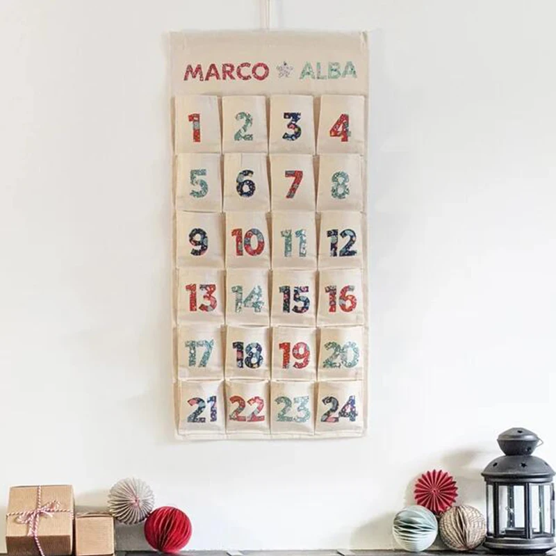 Wholesale 24 Pockets Calendar Countdown Santa Deco Monogramme Printing Canvas Empty Advent Christmas Calendars
