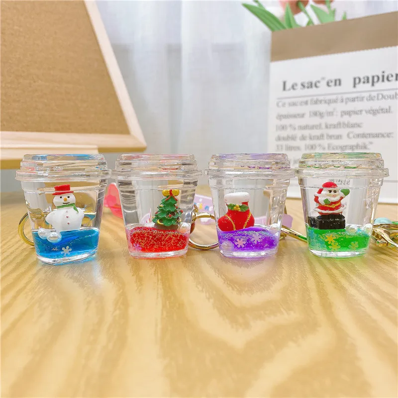 Creative Xmas Gift Quicksand Drift Bottle Car Keyring Cartoon Liquid Sock Snowman Santa Claus Christmas Tree Keychain