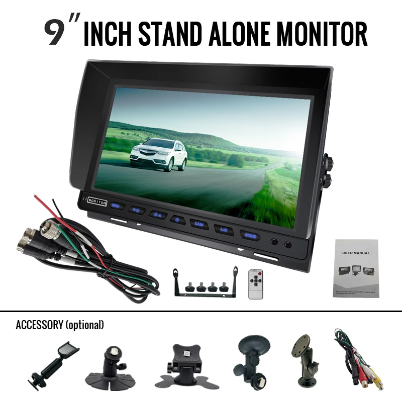 Truck Bus 9inch AHD IPS screen car reversing system lcd cctv monitor Rearview Kit 2video input with audio for Heavy Duty vehicle