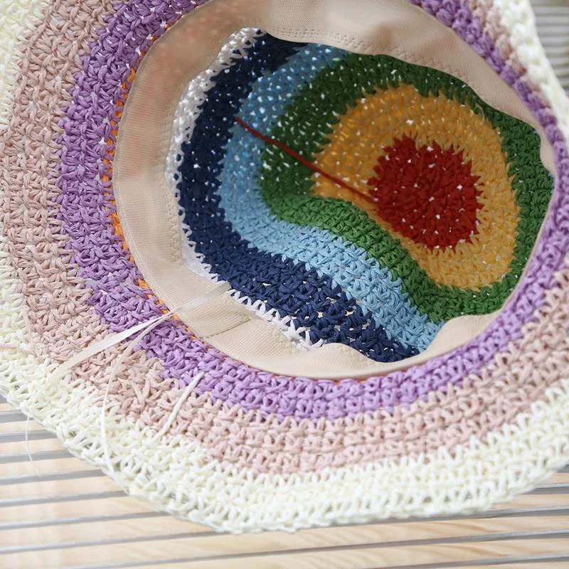 Handmade Beach Stripes Cap Crushable Foldable Rainbow Floppy Straw Bucket Hats For Women
