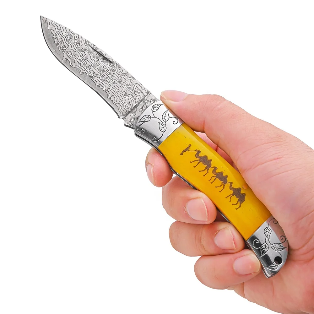 Wholesale Damascus Steel Folding EDC Knife Bone Handle Camping Survival Pocket Knife