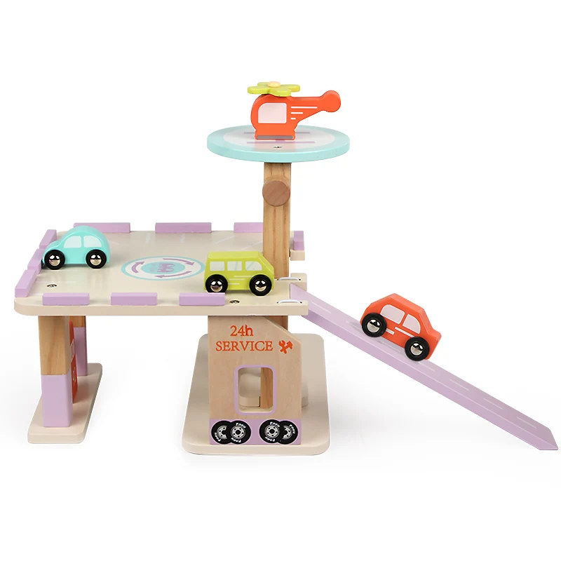 Kid DIY assemble multifunction Wooden car play set sliding car garage parking lot wooden toy