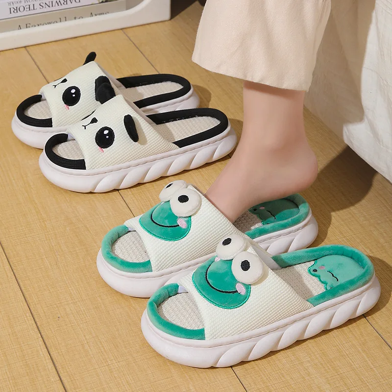 Cow panda linen open slippers home indoor cute floor comfortable platform men and women animal cloth