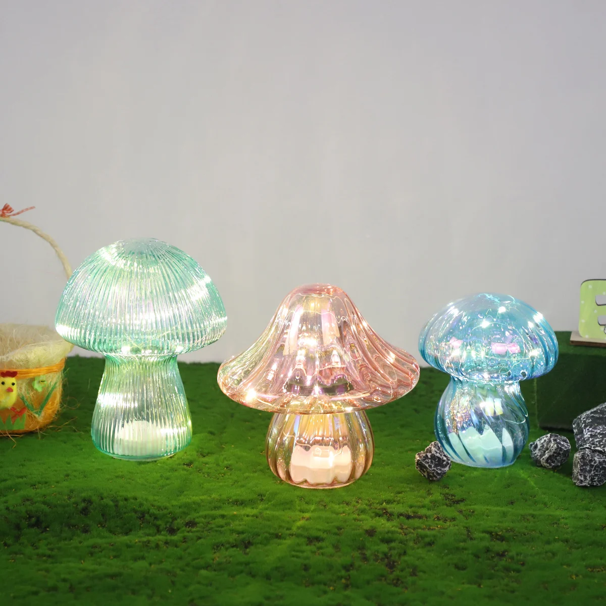 Mushroom Lamp Small Bedside Table Lamp with Striped Glass Nightstand Lamp for Bedroom Living Room