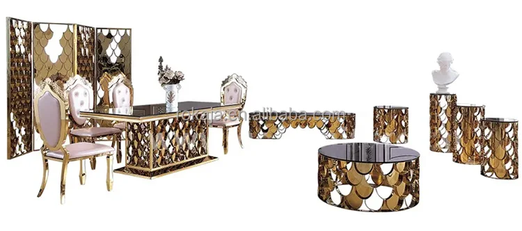 Luxury Wedding Dining Table Set Hotel Event 8 10 People Oval Shape Fish Scales Gold Stainless Steel Manger Mirror Buffet Table