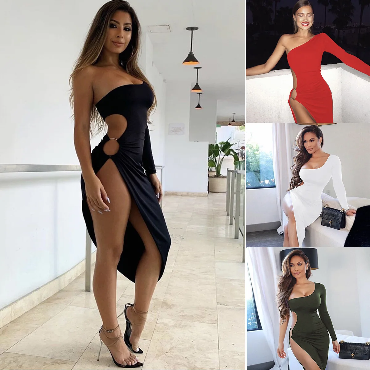 Wholesale One Shoulder Long Sleeve Dress Cocktail Dresses Sexy Cutout Slit Party Evening Dress