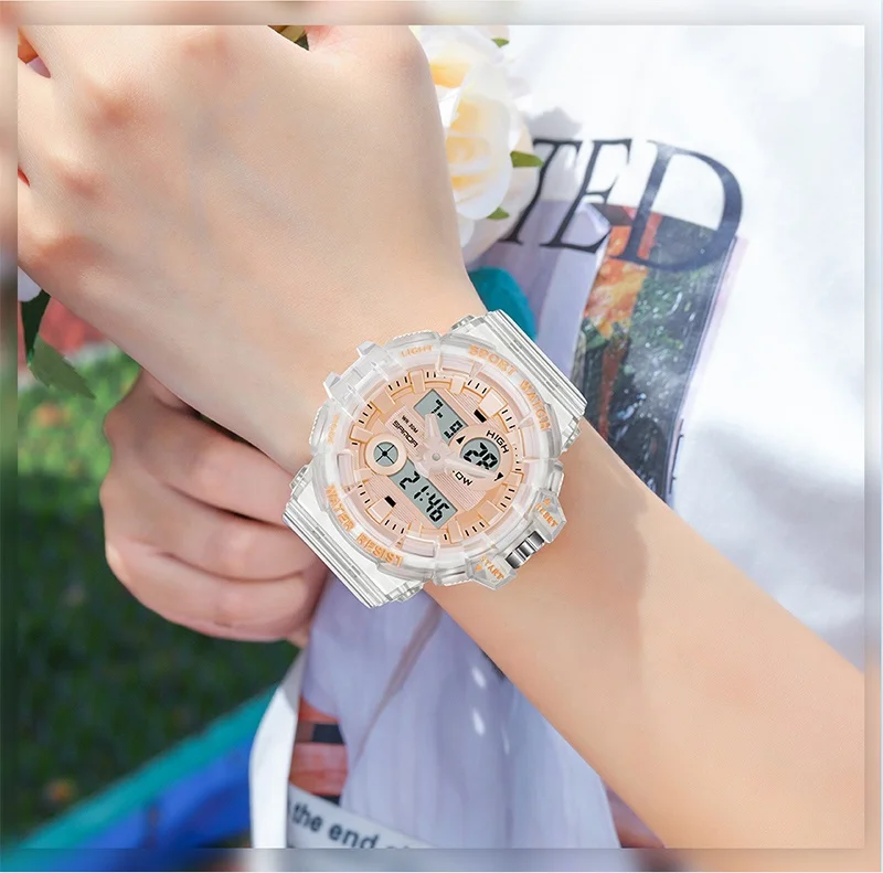 Sanda  3100 multifunctional student electronic watch, youth sweet fashion transparent wristwatch outdoor sports waterproof watch