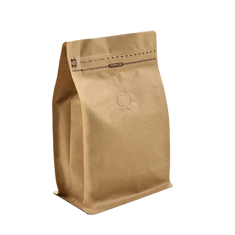 8 Ounce Kraft Paper Stand Up Flat Bottom Pouch with Air Release Valve and Reusable Side Zipper 4 Sides Craft Paper Coffee Bag