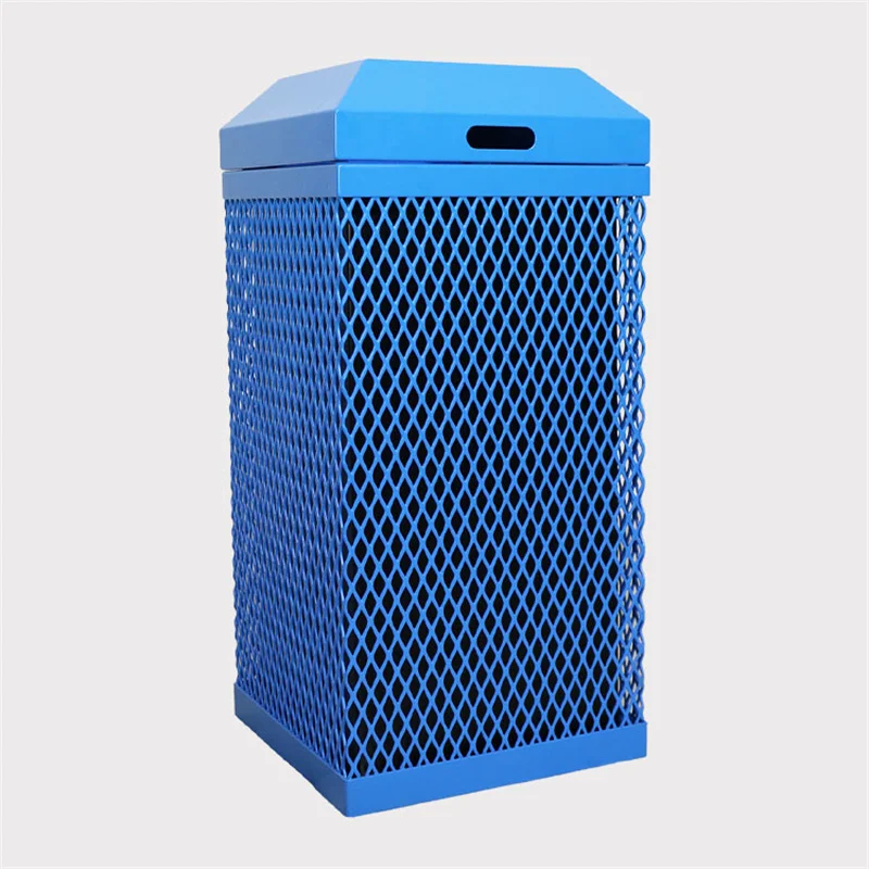 outdoor big blue metal garbage receptacle trash can outside garden street wire mesh recycle waste bin commercial steel dustbin