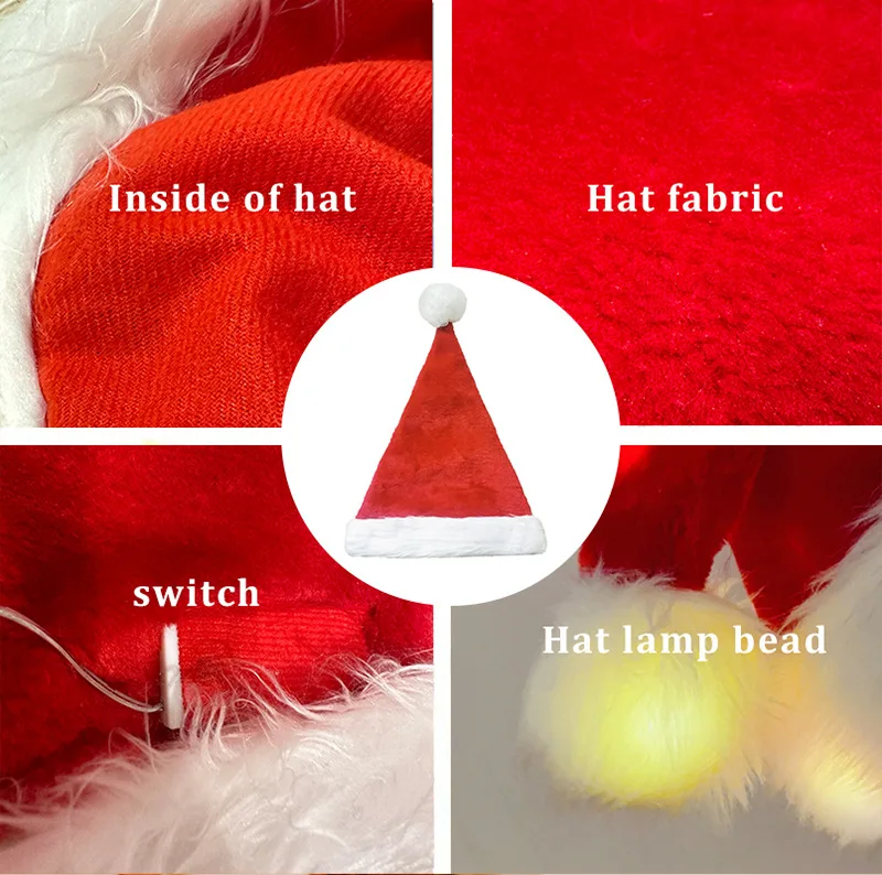 LED Light Up Xmas New Year Christmas Hat Festive Holiday Party Supplies Unisex Velvet Santa Hat for Adult Kids