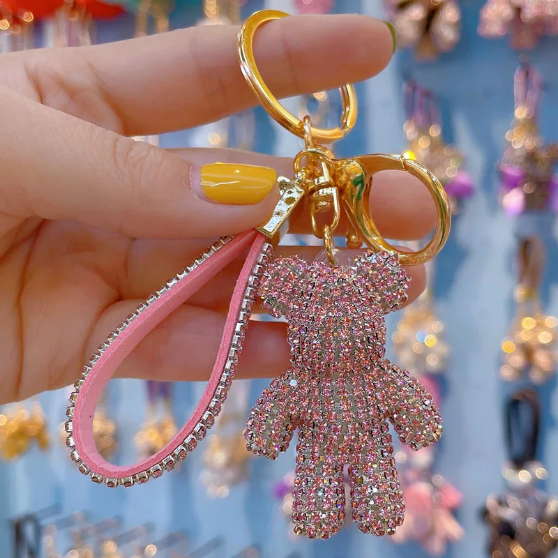 Bling Sparkle Keychain Accessories Women Car Keys Keychain Charms Cute Rhinestone Bear Keychain For Handbags