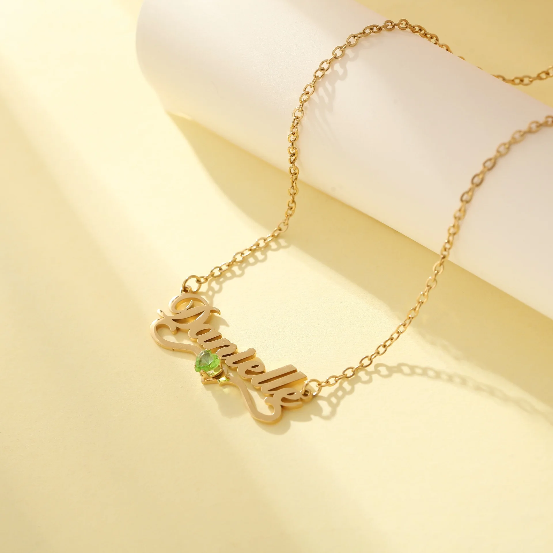 Duoying Love Birthday Stone Electroplated 18K Gold With Zircon Set Necklace Stainless Steel Custom Name Necklace