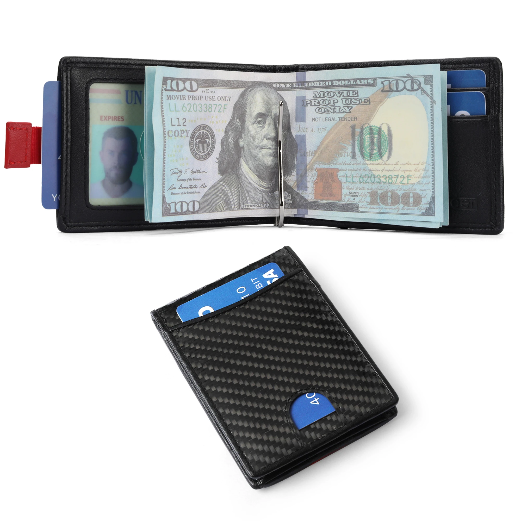 Carbon Fiber PU Leather Credit Card Holder Wallet With ID Window RFID Blocking Slim Metal Money Clip Wallet For Man