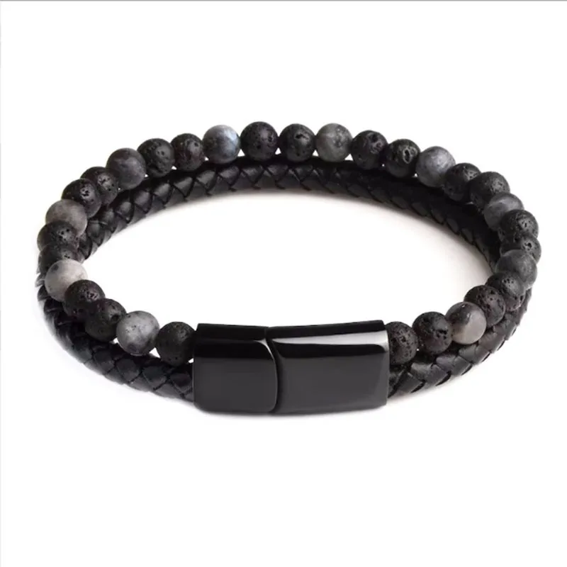 Punk Fashion Black Volcanic Stone Mens Trendy Bracelet High Quality Bracelets Man Natural Stone Bead Leather And Steel Bracelets