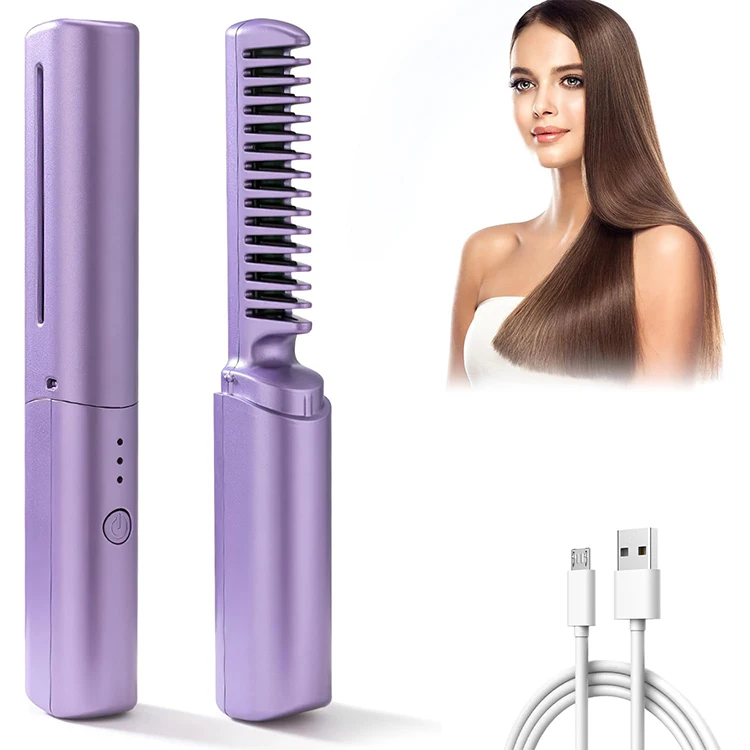 Rechargeable Mini Portable Cordless Straightening Brush Negative Ion Hot Comb Hair Straightener for Women