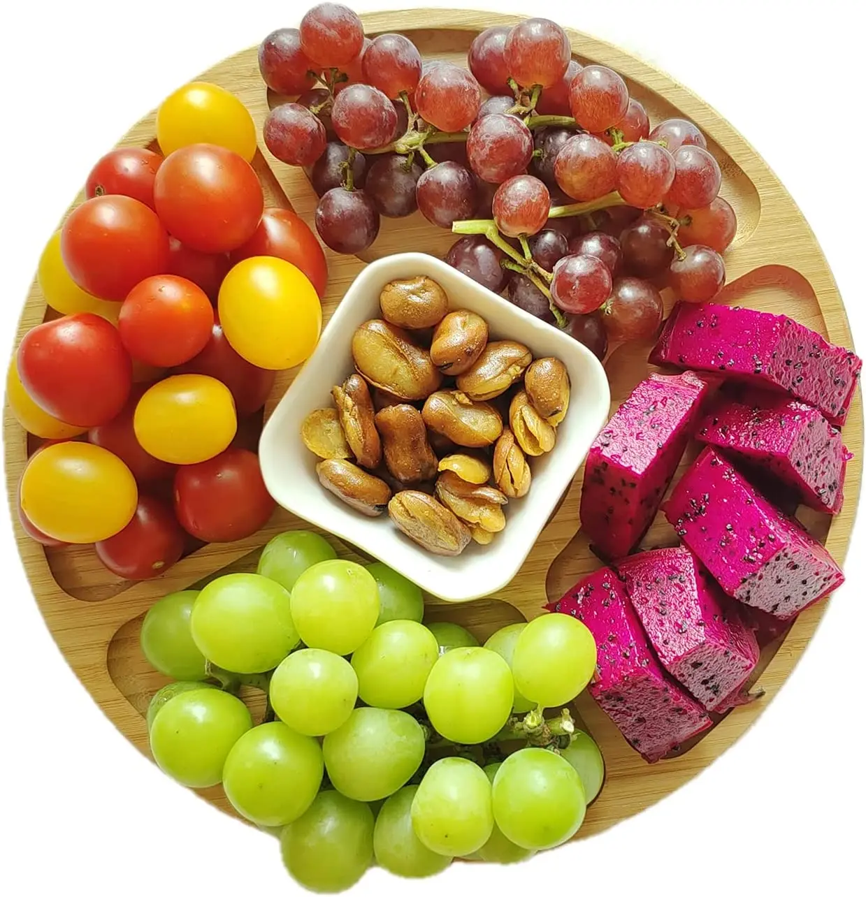 Round Bamboo Divided Serving Tray 5 Compartments Snack Appetizer Serving Dish Sectional Party Platter for Snacks Fruits Crackers