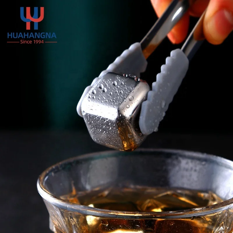 Customized Logo Reusable Refreezable 304 Stainless Steel Ice Cube Chilling Metal Whiskey Stones Set for Whisky Vodka Liquor