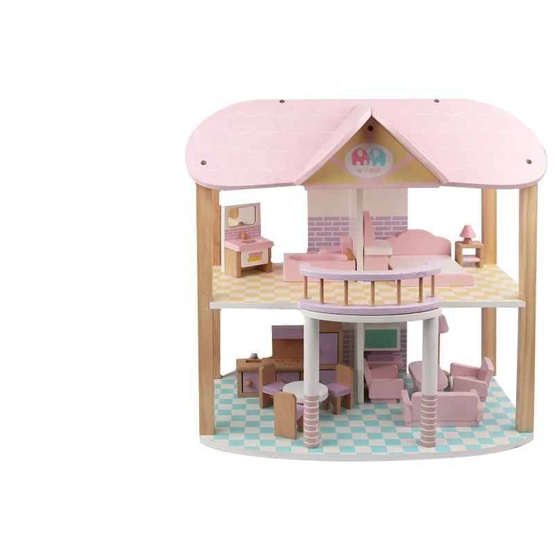 Wholesale Wooden children play house toy pink princess doll house cabin girl gift simulation castle villa wooden toy house