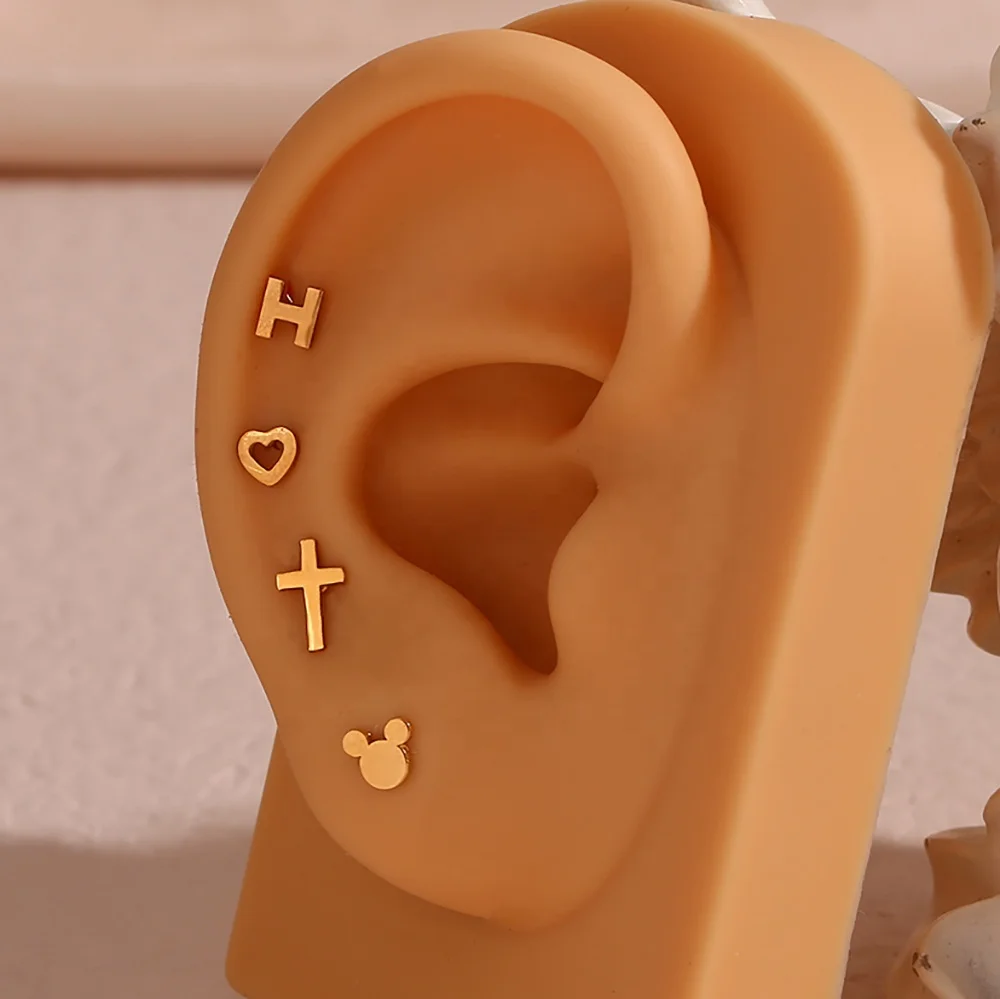 18K Gold Plated Piercing Jewelry 316L Stainless Steel Cross Stud Earring Letter H Hollow Heart Nose Stud Set