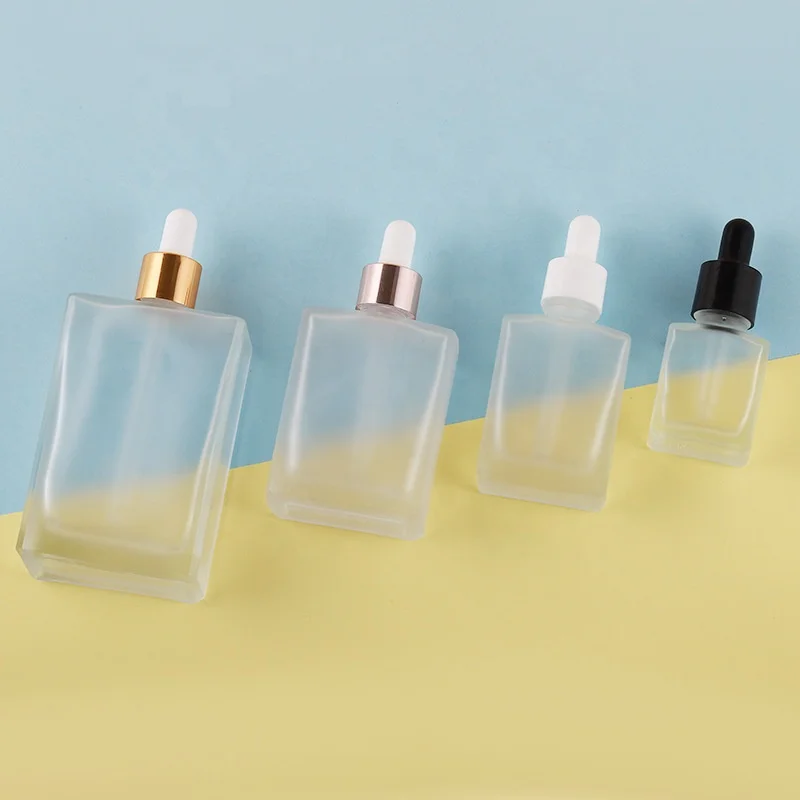 Custom Square Flat Shoulder Glass Dropper Bottles 15ml 30ml 50ml 100ml Sizes Frosted Serum Essential Oils Packaging Decal