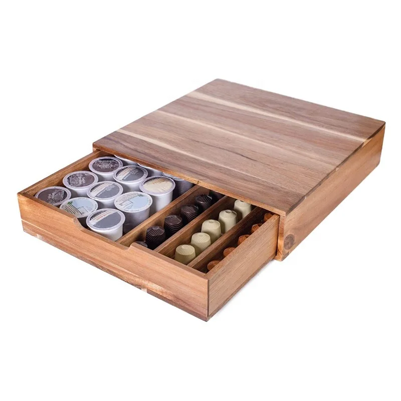 Wholesale compartment storage box wooden storage holder solid wood coffee pod drawer