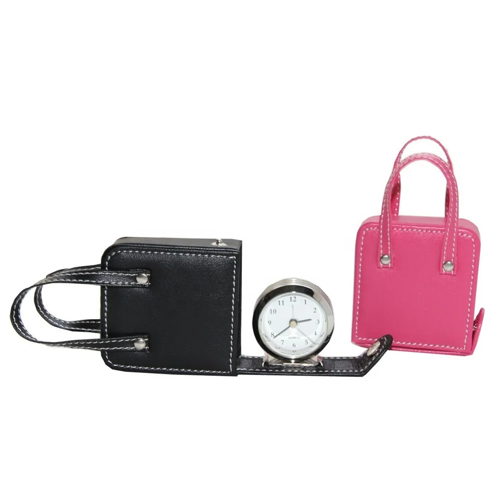 LG2024C  portable handmade mini handbag shaped faux leather case travel alarm clock / pocket clock
