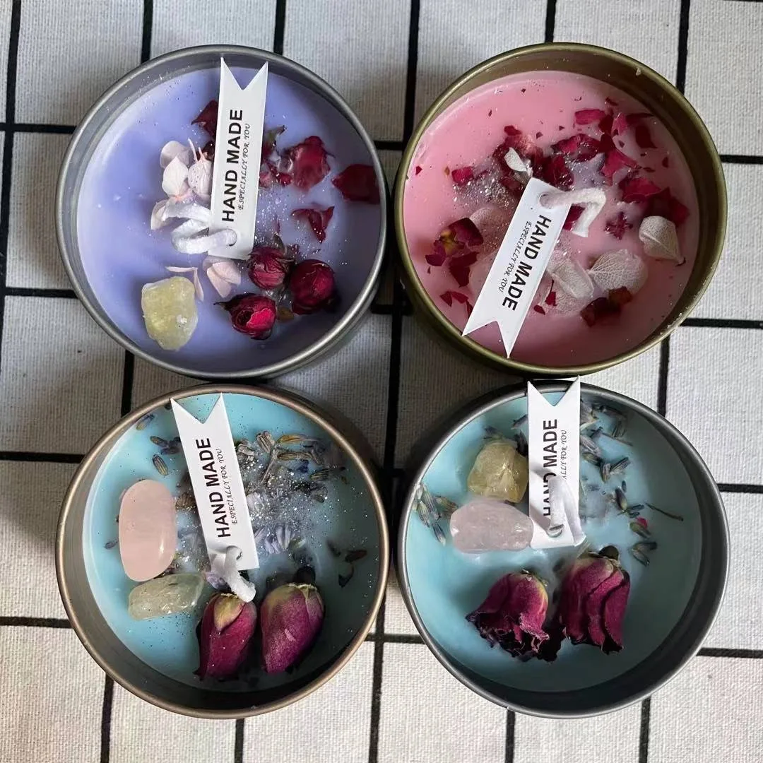 Подарок на День Святого Валентина, уникальная белая железная Жестяная Банка, соевый воск, высушенный цветок, на заказ, Целебный Камень, чакра, Хрустальная ароматическая свеча