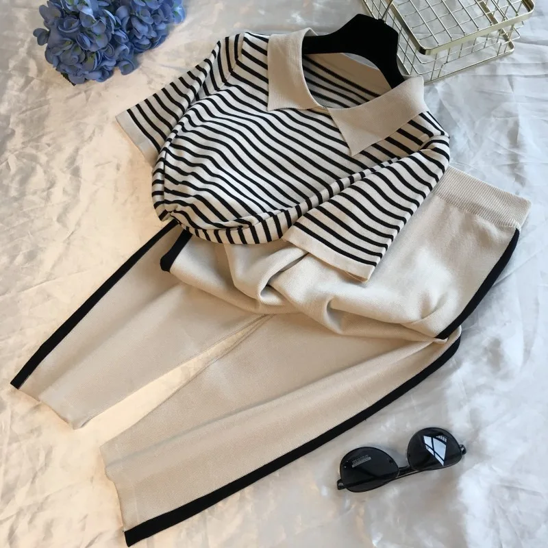 New Design Knitwear 2 Piece Set T-shirt + Long Pants Suits Sports Outwear Striped Pullover Loose Lady Knitting Sweater Suits