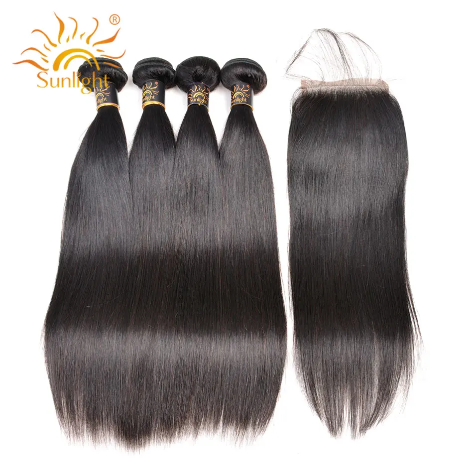 Malaysian Straight Human Hair100% Human Hair Extensions Natural Black Sunlight Remy Hair Weave Bundles 1/3/4 bundle with closure