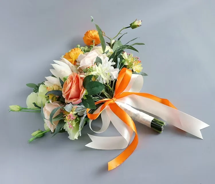 European Style Orange Silk Rose Bouquet Simulated Camellia Bride Holding Artificial Flower White Ranunculus Photography Props