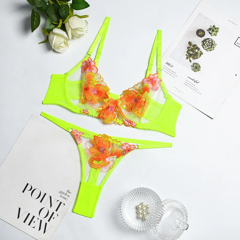 Women Colorful Embroidery Neon Green Appliques Design Sheer Underwear Sexy Girls 3 Piece Erotic Lingerie Set with garter belt