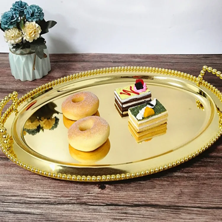2024 Gdkk Metal Oval Serving Tray Bead Mirror Tray with Handle Golden Gold Stainless Steel Wholesale Luxury Frost Aluminum Alloy Round
