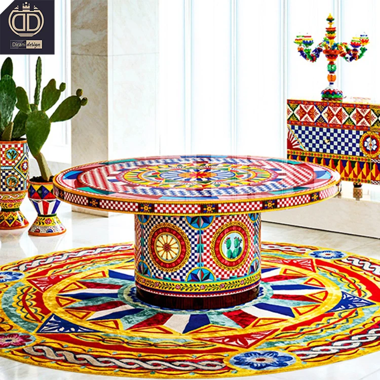 red colorful Arabic large round dinner table set wood Mediterranean modern luxury round dinner table for 6 8
