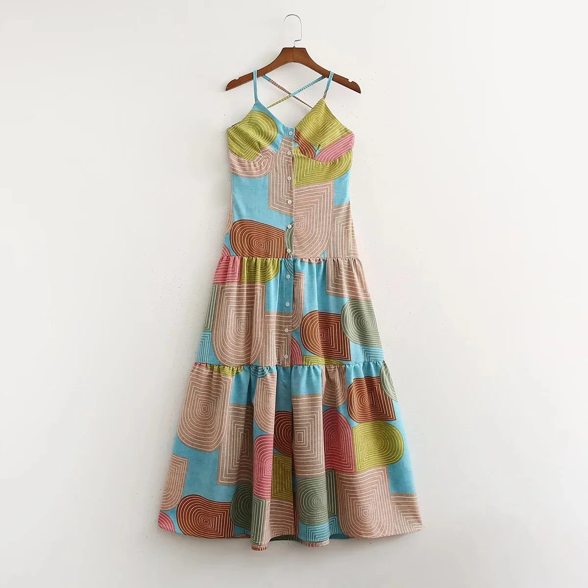 Ladies Large Swing Skirt 2022 Spring New Fashion Halter Stitching Mixed Color Block Design Suspender Dress