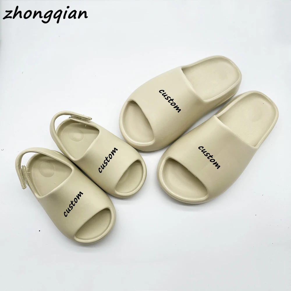 
drop shipping mom and me set custom logo print beach slippers sandals toddler kids women baby yeezy slides yezzy with strap 