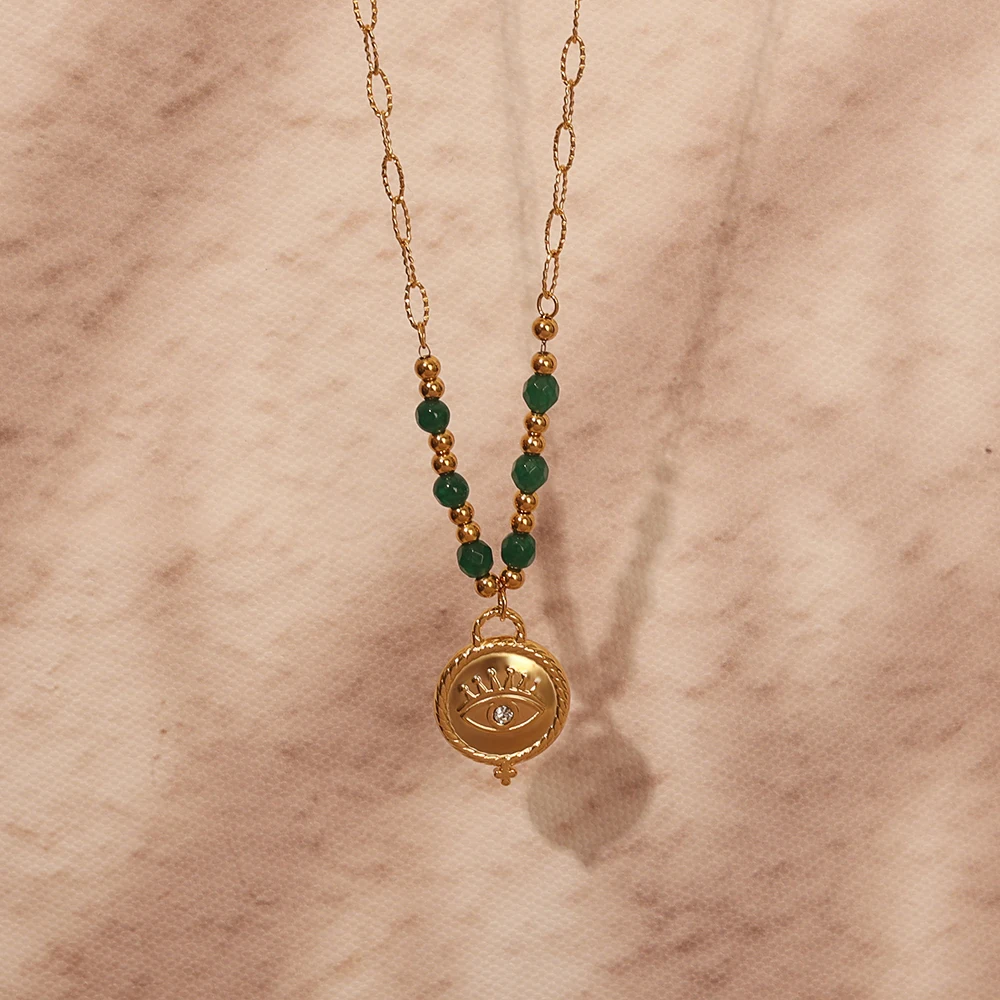 18K Gold Plated Necklace with Disc Eye mixed color diamond ring  Pendant Chic Green Bead Non Tarnish Necklace for Women
