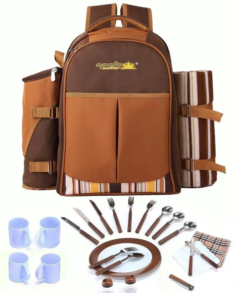 Picnic Backpack 4 Person Picnic Bag With Cooler Compartment Detachable Bottle Wine Holder Fleece Blanket Plates and Cutlery