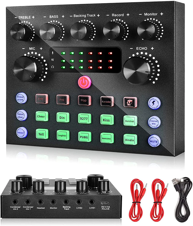 V8s Live Sound Card With Multiple Sound Effects And Voice Changer One Button Operation Audio Mixer For Gaming Living Singing