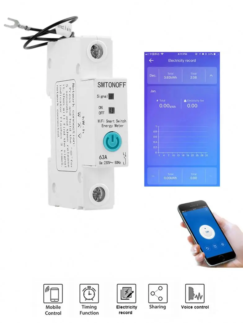 eWeLink Wifi Smart house 1P Single Phase Circuit Breaker,Din Rail Power Consumption Energy Monitor,kWh Meter,Wattmeter,110V 220V