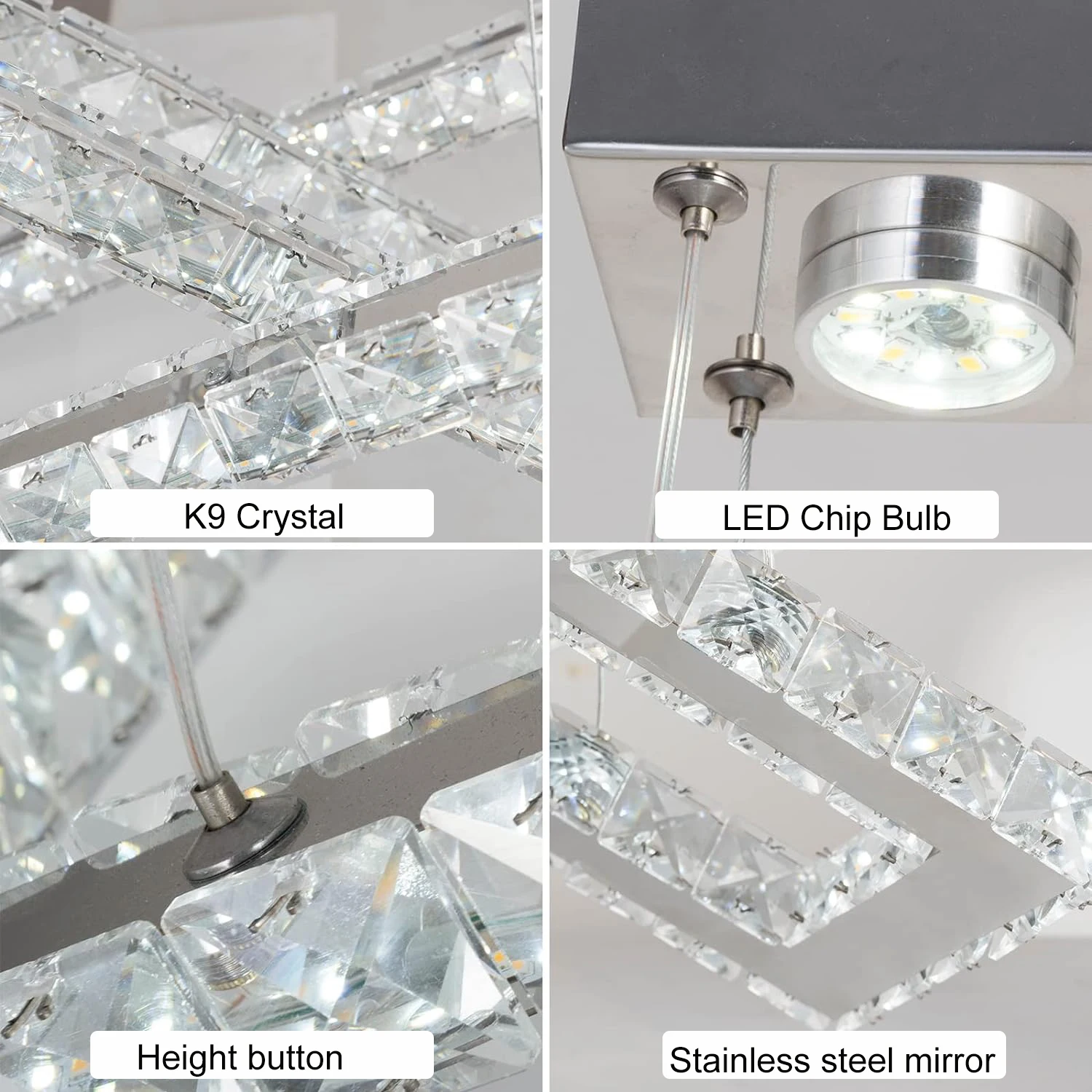 Modern Monochrome LED 2-Ring Square Pendant Lights Crystal Chandeliers for Hotel Dining Room & Living Room Decoration