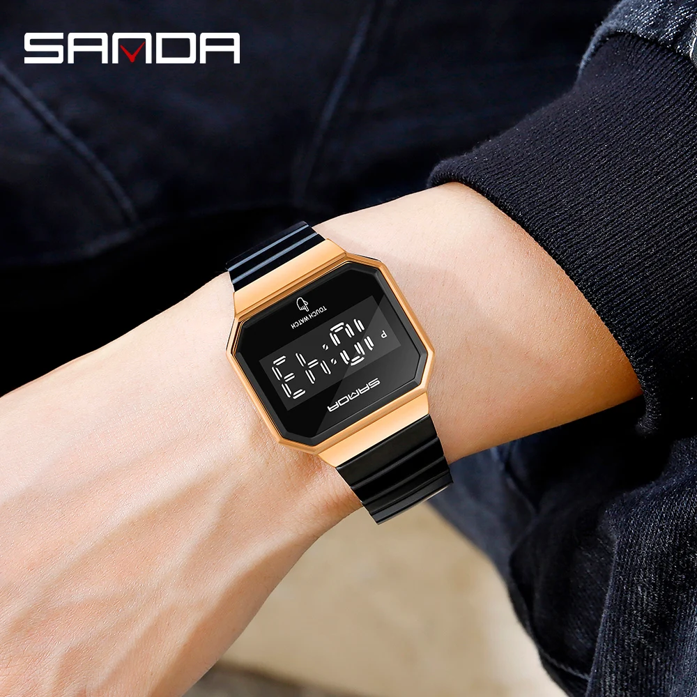 Sanda 8001 Роскошные светодиодные наручные часы с сенсорным экраном для мужчин светящиеся водонепроницаемые стальные