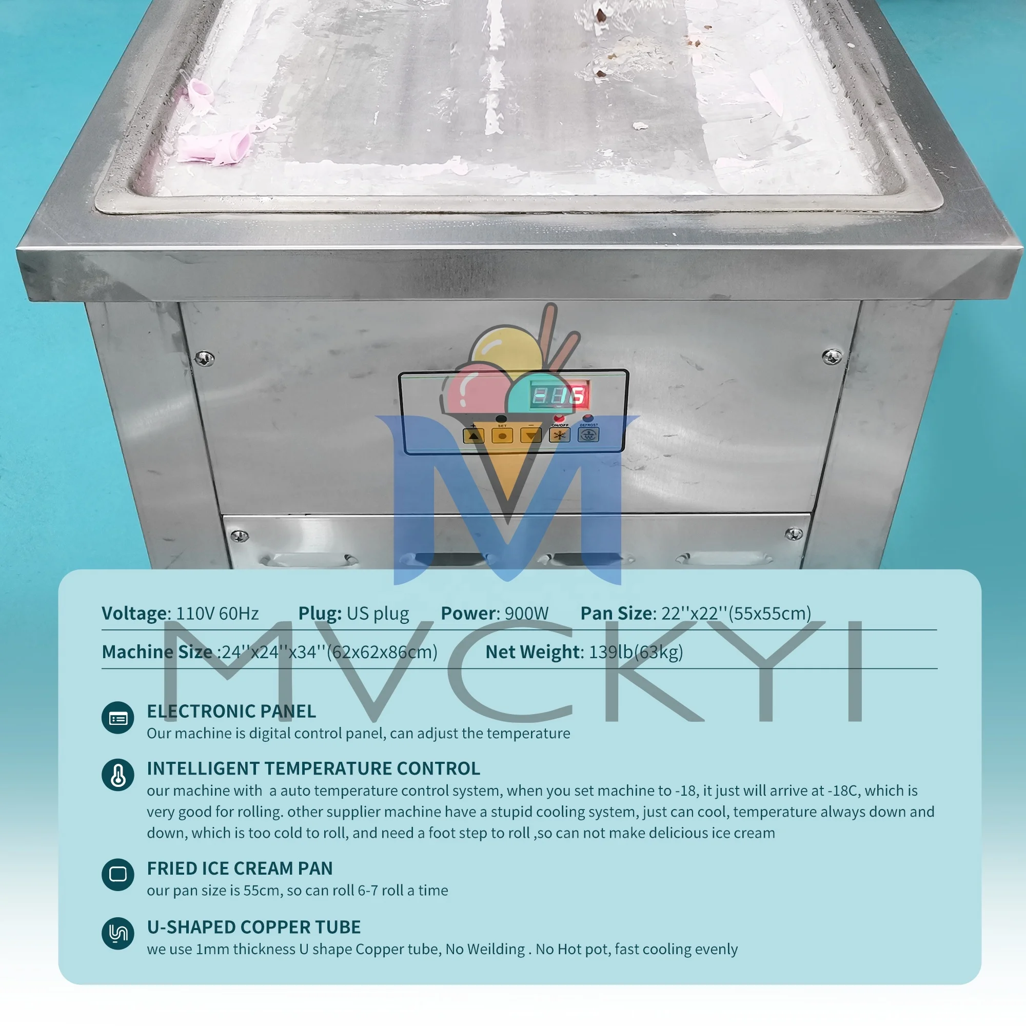 Mvckyi Spatulas Single Square Pan 22 Inch Roll Ice Cream Machine ETL Ice Cream Maker Roll Machine Yogurt Maker