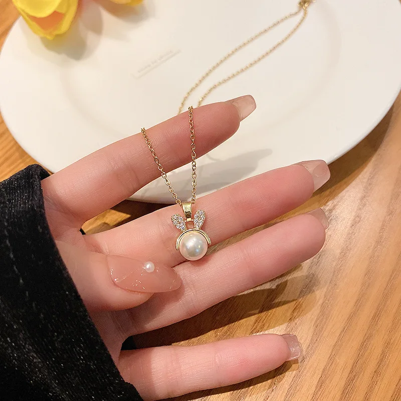 Korean Version Ins Style Titanium Steel Necklace Girls with Pearl Collarbone Chain Pendant